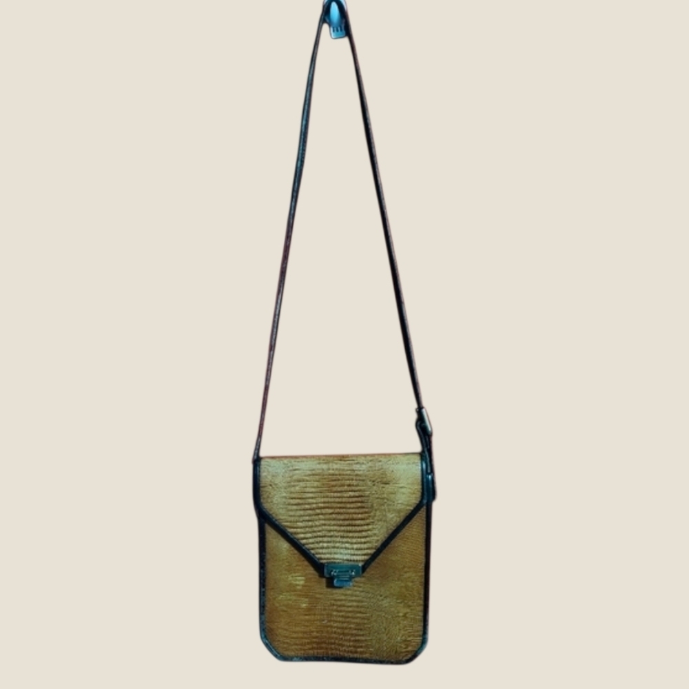 Greg Roche~ Leather Reptile Print Messenger Handbag Carmel/Black Gold Hardware